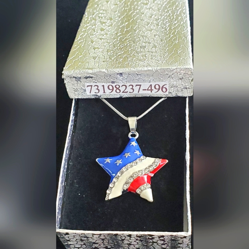 Fashion Jewelry.  R, W & B STAR STRIPE/CZ NECKLACE